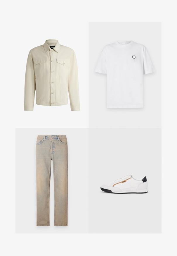 Ljus beige denimjacka med en klassisk krage, knappstängning framtill, två bröstfickor och subtila sömdetaljer. Slät textur.; Vit bomullströja med avslappnad passform, med en liten svart grafisk logotyp på vänster bröstområde. Korta ärmar, rundad hals.; Ljust beige denimjeans med rak passform. Har fem fickor, knäppning med knapp och subtil blekning längs tygets yta.; Vita sportskor i vitt med inslag av nät och läder. Har en gyllene "BOSS"-logotyp, texturerade sidopaneler och en svart hälkap. Gummisula.