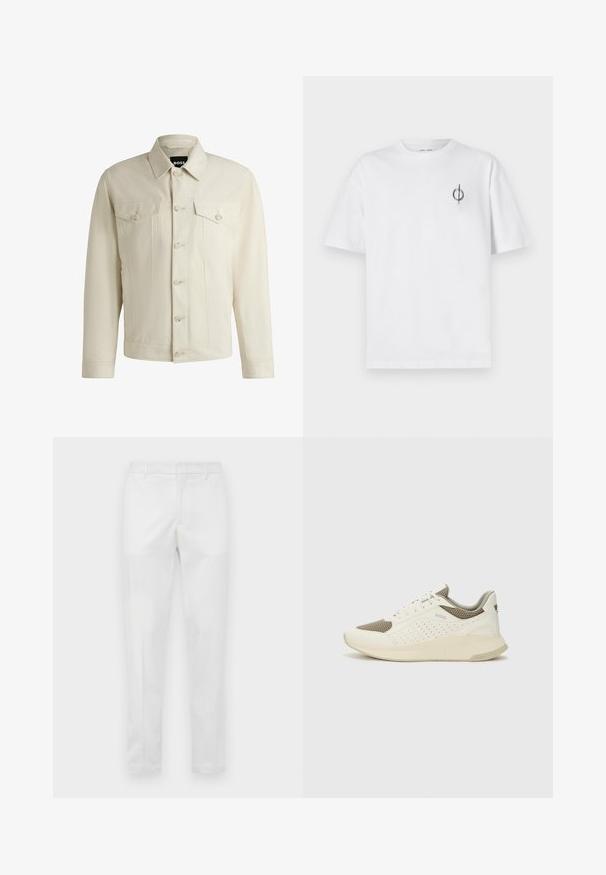 Light beige denim jacket with a classic collar, front button closure, two chest pockets, and subtle stitching details. Smooth texture.; White cotton t-shirt with a relaxed fit, featuring a small black graphic logo on the left chest area. Short sleeves, crew neck style.; Slim-fit white trousers with belt loops, front zipper, and side pockets, displayed flat on a neutral background.; White and light beige athletic sneaker, featuring a mesh upper, perforated detailing, and a textured midsole with branding on the heel.