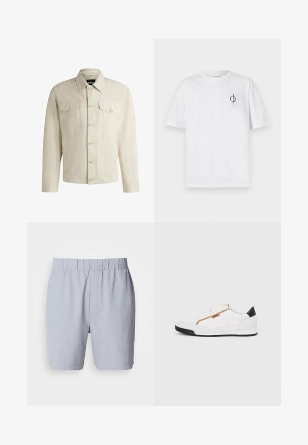 Jasnobeżowa kurtka dżinsowa z klasycznym kołnierzem, zapięciem na guziki z przodu, dwiema kieszeniami na piersi oraz subtelnymi detalami ściegów. Gładka tekstura.; Biała bawełniana koszulka o luźnym kroju, z małym czarnym graficznym logo na lewej piersi. Krótkie rękawy, klasyczny okrągły dekolt.; Jasnoszare kąpielówki z elastycznym pasem, dwiema bocznymi kieszeniami oraz gładkim, lekkim materiałem. Brak widocznych wzorów lub ozdób.; Białe buty sportowe z siateczkowymi i skórzanymi akcentami. Posiadają złote logo "BOSS", teksturowane boczne panele i czapkę pięty w kolorze czarnym. Gumowa podeszwa.