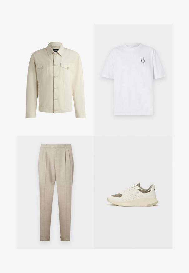 Vaalea beige farkkutakki, jossa on klassinen kaulus, nappikiinnitys edessä, kaksi rintataskua ja hienovaraiset tikkausten yksityiskohdat. Silkkinen rakenne.; Valkoinen puuvillapaita rentoa istuvuutta, jossa on pieni musta graafinen logo vasemmassa rintataskussa. Lyhyet hihat, pyöreä kaula-aukko.; Beige pleitattu housut, joissa on sileä pinta, etupainonappi ja käännetyt helmät. Muotoiltu istuvuus ja suorat lahkeet.; Valkoinen ja vaaleanbeige urheilukengät, joissa on verkkomateriaali yläosa, rei'itettyjä yksityiskohtia ja teksturoitu välipohja, jossa on brändäys kantapäässä.