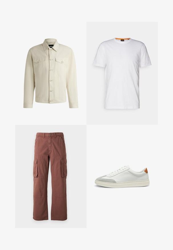 Helle beige Jeansjacke mit klassischem Kragen, vorderem Knopfverschluss, zwei Brusttaschen und dezenten Nähdetails. Sanfte Textur.; Weißes Baumwoll-T-Shirt mit Rundhalsausschnitt, kurzen Ärmeln und einem dezenten geprägten Logo auf der Brust. Das Innenschild hat einen orangefarbenen Akzent.; Cargo-Hosen in Rostfarbe, aus strapazierfähigem Stoff. Verfügen über große Seitentaschen, gerade Beine und eine Knopfverschlüsse am Bund.; Weiße Leder-Sneaker mit grauen Wildlederakzenten und einer sandfarbenen Lederfersenschlaufe. Sie verfügen über eine strukturierte Oberfläche und eine leichte Sohle.