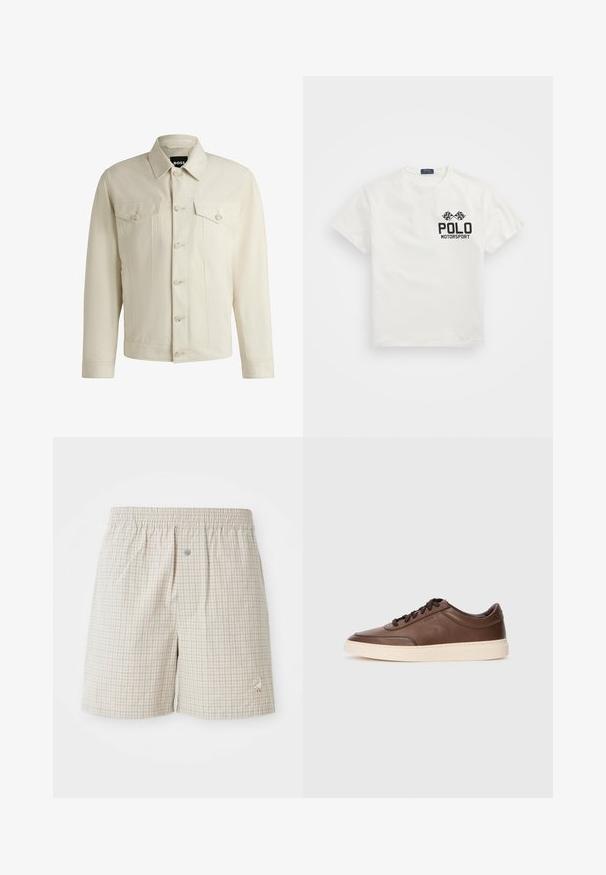 Ljus beige denimjacka med en klassisk krage, knappstängning framtill, två bröstfickor och subtila sömdetaljer. Slät textur.; Vit bomulls T-shirt med rund hals, med en svart "Polo Motorsport" logotyp och korsade rutig flaggor på vänster bröst.; Ljusbeige rutiga shorts med mjuk textur, elastisk midja och en dekorativ vit gåsämbrodering nära fållen.; Bruna lädersneakers med slät yta, rund tå och krämfärgad gummisula. Har svarta snören och diskret branding på sidan.