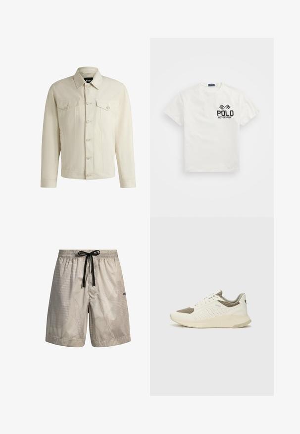 Ljus beige denimjacka med en klassisk krage, knappstängning framtill, två bröstfickor och subtila sömdetaljer. Slät textur.; Vit bomulls T-shirt med rund hals, med en svart "Polo Motorsport" logotyp och korsade rutig flaggor på vänster bröst.; Ljust grå badbyxor med abstrakt mönster, elastisk midja och svartsnodd. Har subtil branding på det nedre benet.; Vit och ljusbeige atletisk sneaker med ett meshöverdrag, perforerade detaljer och en texturerad mellansula med varumärke på hälen.