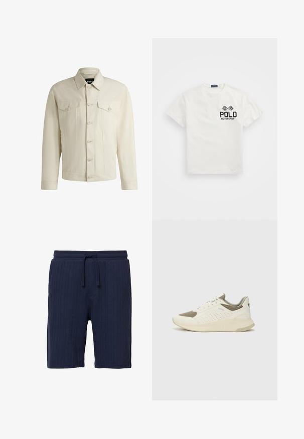 Helle beige Jeansjacke mit klassischem Kragen, vorderem Knopfverschluss, zwei Brusttaschen und dezenten Nähdetails. Sanfte Textur.; Weißes Baumwoll-T-Shirt mit Rundhalsausschnitt, das auf der linken Brust ein schwarzes "Polo Motorsport"-Logo und gekreuzte Zielflaggen zeigt.; Marineblaue Shorts aus strukturiertem Stoff mit vertikalen Streifen. Ausgestattet mit einem elastischen Bund und Kordelzug; lässiges Design.; Weiße und hellbeige Sport Sneakers, ausgestattet mit einem Obermaterial aus Netzgewebe, perforierten Details und einer strukturierten Zwischensohle mit Branding an der Ferse.
