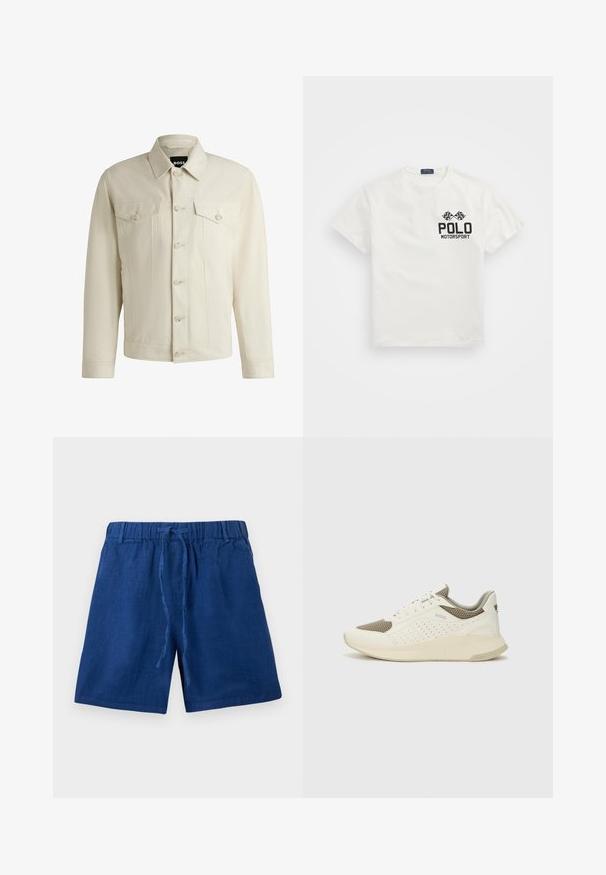 Lyse beige denimjakke med klassisk krave, frontknaplukning, to brystlommer og subtile syninger. Glat overflade.; Hvid bomulds T-shirt med rund hals, med et sort "Polo Motorsport" logo og krydsede ternede flag på venstre bryst.; Blå afslappede shorts med elastisk talje og snørebånd, lavet af letvægtsstof.; Hvide og lyse beige sportssko med en mesh-overdel, perforerede detaljer og en tekstureret mellemsål med branding på hælen.
