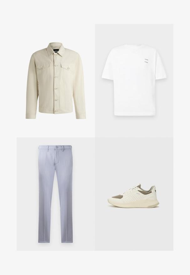 Light beige denim jacket with a classic collar, front button closure, two chest pockets, and subtle stitching details. Smooth texture.; White cotton t-shirt with a relaxed fit, short sleeves, and a V-neck. Features two small black printed logos on the left side.; Light gray tailored trousers made of smooth fabric, featuring a button closure, belt loops, and straight-leg design. No pockets visible.; White and light beige athletic sneaker, featuring a mesh upper, perforated detailing, and a textured midsole with branding on the heel.