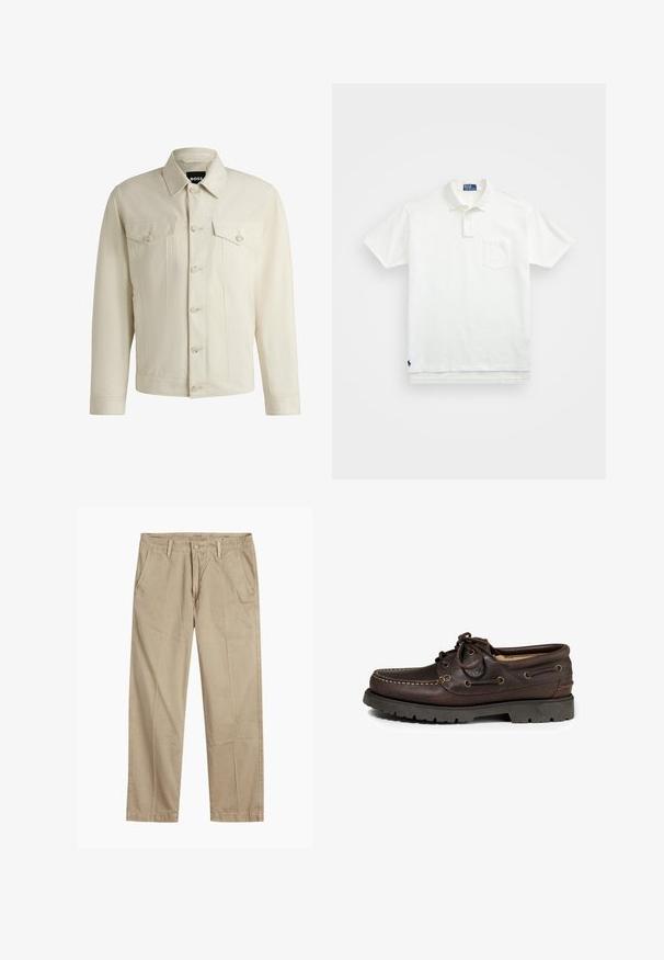 Giacca di jeans color beige chiaro con colletto classico, chiusura frontale con bottoni, due tasche sul petto e dettagli di cucitura sottili. Texture liscia.; Polo bianco in cotone, con colletto classico, placca con tre bottoni e taschino sul lato sinistro del petto; piccolo logo sull'orlo.; Chinos beige a gamba dritta con passanti per cintura, chiusura frontale a bottone e zip, e tasche laterali inclinati.; Scarpa da barca in pelle marrone con punta arrotondata, dettagli di cucitura e occhielli metallici per i lacci. Suola in gomma con motivo di battistrada.