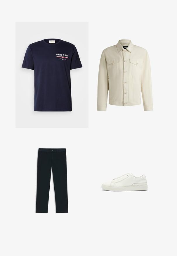 Lyse beige denimjakke med klassisk krave, frontknaplukning, to brystlommer og subtile syninger. Glat overflade.; Marineblåt bomulds t-shirt med et hvidt "GANT 1949" logo og røde detaljer, rund hals, korte ærmer, glat tekstur, almindelig pasform.; Mørkeblå chinos lavet af en bomuldsblanding. Har bæltestropper, forreste lommer og en lynlås med knaplukning.; Hvide lædersneakers med en tekstureret overdel, rund tå, minimalisk design og en gummisål med syede detaljer.