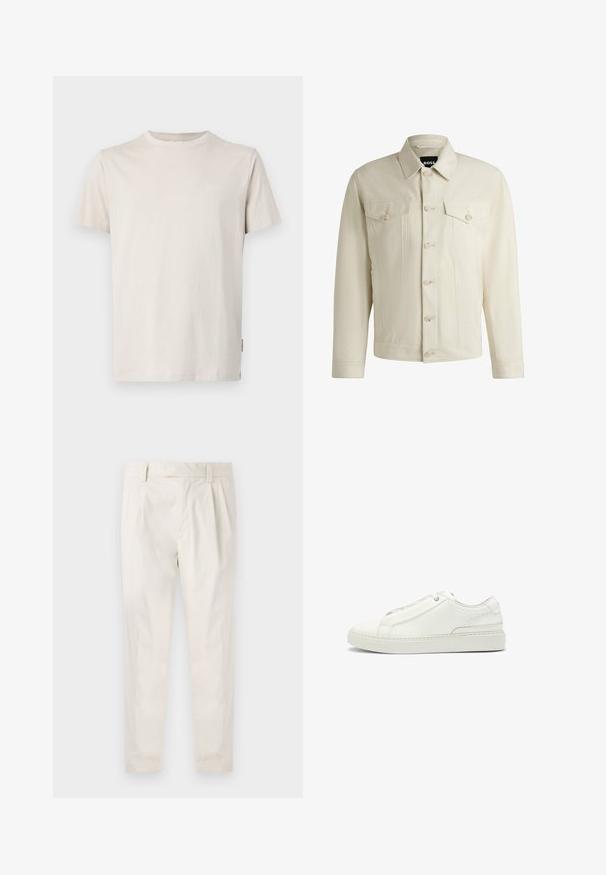 Vaalea beige farkkutakki, jossa on klassinen kaulus, nappikiinnitys edessä, kaksi rintataskua ja hienovaraiset tikkausten yksityiskohdat. Silkkinen rakenne.; JOOP! Jeans ALPHIS - T-paita - open beige; Valkoiset, laskostetut housut, joissa on räätälöity istuvuus. Housut ovat sileäpintaiset, niissä on vyölenkit ja kapenevat lahkeet. Ei näkyviä taskuja tai kuvioita.; Valkoinen nahkakenkä, jossa on teksturoitu yläosa, pyöreä kärki, minimalistinen muotoilu ja kumipohja, jossa on ommeltu yksityiskohta.