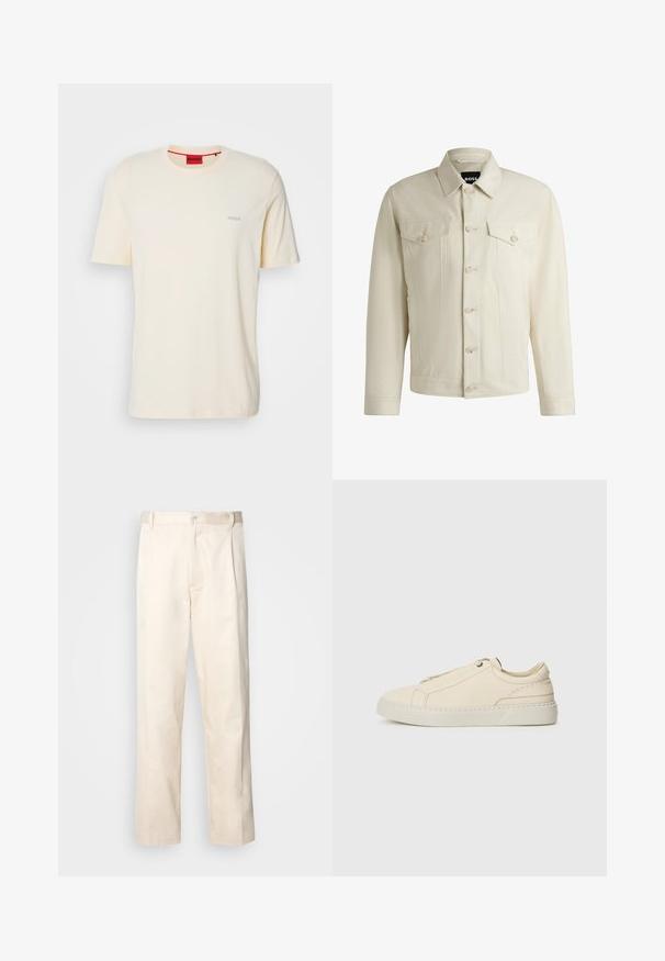 Light beige denim jacket with a classic collar, front button closure, two chest pockets, and subtle stitching details. Smooth texture.; HUGO DERO - Basic T-shirt - light beige; Beige cotton trousers with a straight-leg cut, featuring a button closure and pleats at the front for added detail.; Beige leather sneaker with a rounded toe, minimalistic design, subtle stitching details, and a textured upper, on a light sole.
