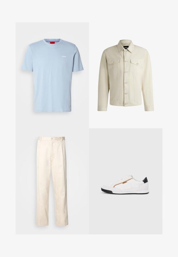 Light beige denim jacket with a classic collar, front button closure, two chest pockets, and subtle stitching details. Smooth texture.; Light blue cotton T-shirt with a crew neckline and short sleeves. Features a white logo "HUGO" on the chest and a red inner tag.; Beige cotton trousers with a straight-leg cut, featuring a button closure and pleats at the front for added detail.; White athletic shoes with mesh and leather accents. Features a gold "BOSS" logo, textured side panels, and a black heel cap. Rubber sole.