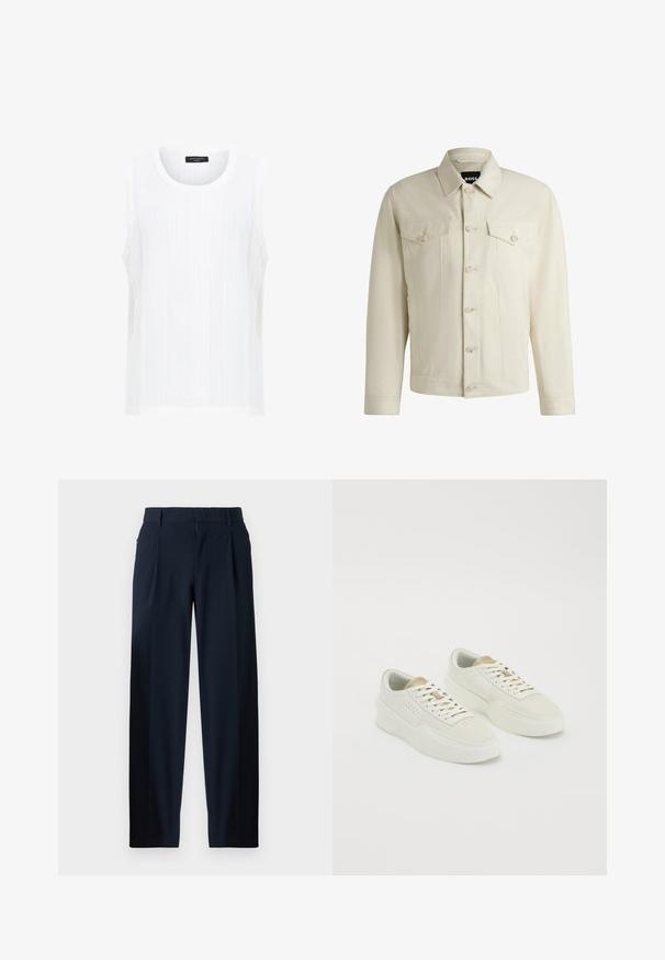 Lichtbeige denimjas met een klassieke kraag, sluiting met knopen aan de voorkant, twee borstzakken en subtiele stikdetails. Gladde textuur.; Witte mouwloze top van textuurstof met verticale ribbels en een ronde halslijn. Eenvoudig ontwerp zonder versieringen of patronen.; Marineblauwe broeken met een gladde textuur, wijde pijpen, plooien aan de voorkant, ceintuurlussen en een ritsluiting. Geschikt voor formele of casual gelegenheden.; Een paar off-white lage sneakers met beige accenten, dikke zolen en witte veters op een effen witte achtergrond.