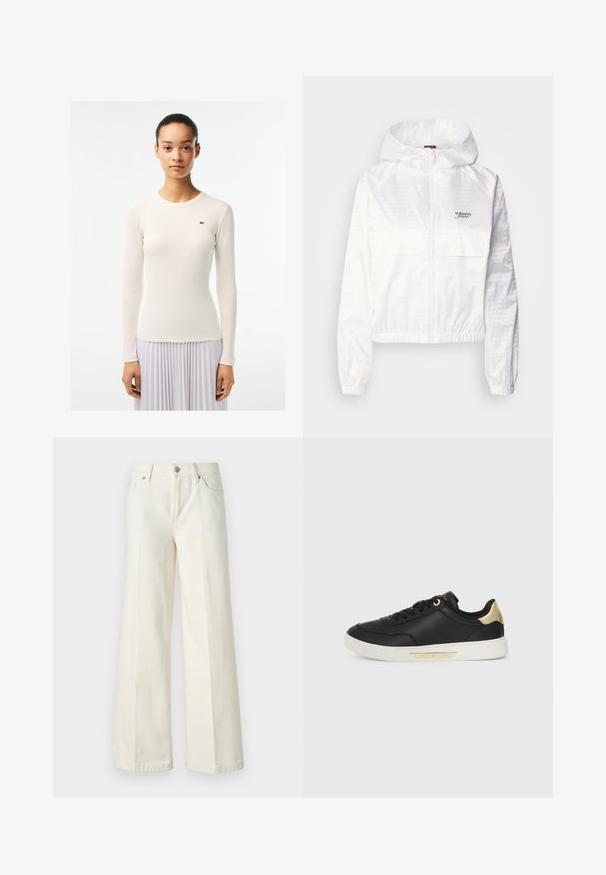 Weiße leichte Kapuzenjacke mit Reißverschluss vorne, elastischen Bündchen und einem Kordelzugsaum. Mit dezentem Logo-Detailing auf dem Stoff.; Weißes Langarmoberteil mit gerippter Textur und rundem Ausschnitt, mit einem kleinen grünen Logo auf der linken Seite. Glatte Stoffoberfläche.; Weite weiße Jeans aus einem Baumwollmischgewebe. Verfügt über einen Reißverschluss, ein Fünf-Taschen-Design und Nähte entlang der Säume.; Schwarze Ledersneaker mit glatter Textur, weißer Gummisohle, goldenen Akzenten an der Ferse und den Ösen, mit einem Logo an der Seite.