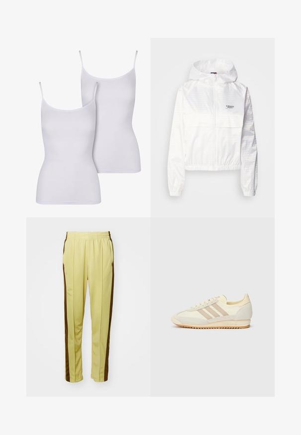 Jachetă ușoară albă cu glugă, cu fermoar în față, manșete elastice și margine cu șnur. Prezintă detalii subtile cu logo pe întreaga țesătură.; Două topuri albe tip camisole cu bretele subțiri, realizate dintr-un material neted, având un design ajustat, fără mâneci și într-o culoare simplă, uni.; Pantaloni atletici galbeni, cu un material neted, având dungi laterale maro, talie elastică și două buzunare laterale.; Adidași atletici crem cu trei dungi bej, realizati din materiale din suede și textil, cu o talpă texturată și un logo embosat pe toc.