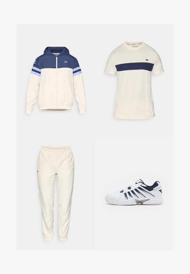 Kreemi, tumesinise ja helesinise kapuutsiga jakk, millel on tõmblukk, elastsed varrukad ja Lacoste logo rinnal. Omab värvi-blokeerimise disaini.; Kreemist ja tumesinist Lacoste T-särki ümmarguse kaelusega, lühikeste varrukatega ja horisontaalse värviplokkiga. Omab roheline krokodillilogo.; Kreemivärvilised treeningpüksid elastse vöökohtaga, kitsenevate säärtega ja väikese tumeroheline logo vasakul küljel. Sile ja kerge kangas.; Valge spordijalats, millel on tumesinised aktsendid, perforeeritud disain, paeltele kinnitamine ja tekstuuritud tallaosa, millel on selge mustripattern.
