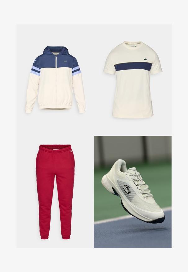Kaput na kapuljaču u krem, tamnoplavoj i svijetloplavoj boji s patentnim zatvaračem, elastičnim manžetama i Lacoste logom na prsima. Ima dizajn u blokovima boja.; Kremena i mornarskoplava Lacoste majica s okruglim izrezom, kratkim rukavima i horizontalnim blokom boja. Ima zeleni krokodil logo.; Crvene dukserice od mekanog materijala, s elastičnim pojasom i suženim manžetama. Bočne trake prikazuju tekst u kontrastnim bojama.; Bijela atletska tenisica s mrežastim gornjim dijelom, crnim akcentima, teksturiranim potplatom i istaknutim logotipom sa strane, prikazana na pozadini terena.