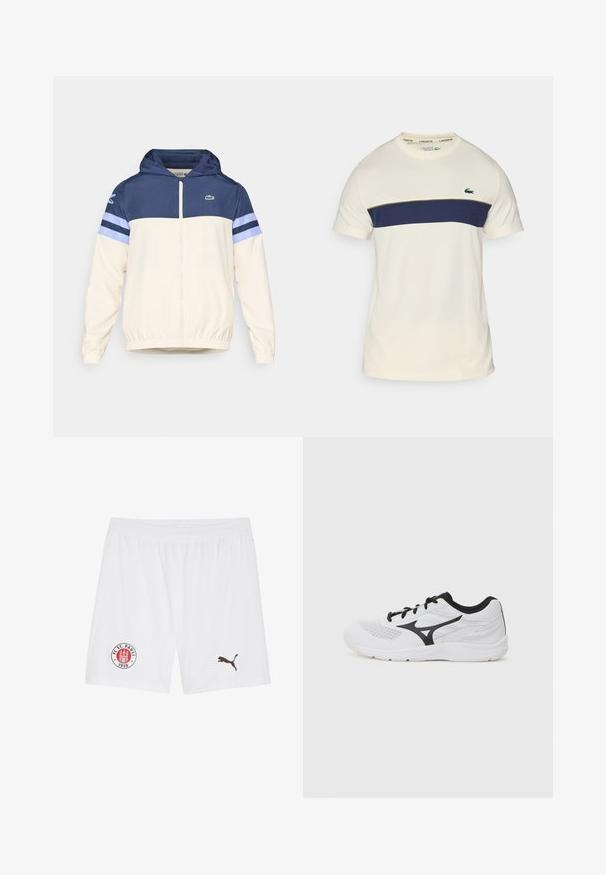 Hoodedá bunda v smotanovej, námorníckej a svetlomodrej farbe s zipsom, elastickými manžetami a logom Lacoste na hrudi. Obsahuje dizajn s farebnými blokmi.; Krémovo-námornícké tričko Lacoste s okrúhlym výstrihom, krátkymi rukávmi a horizontálnym farebným blokom. Obsahuje zelené logo krokodíla.; Biele atletické šortky s elastickým pásom, logo FC St. Pauli v červenej a šedej farbe a hnedé logo Puma v pravom dolnom rohu.; Biele športové topánky s čiernymi akcentmi, sieťovina, šnurovací dizajn, zaoblená špička a textúrovaná podrážka. Obsahuje logo na boku.
