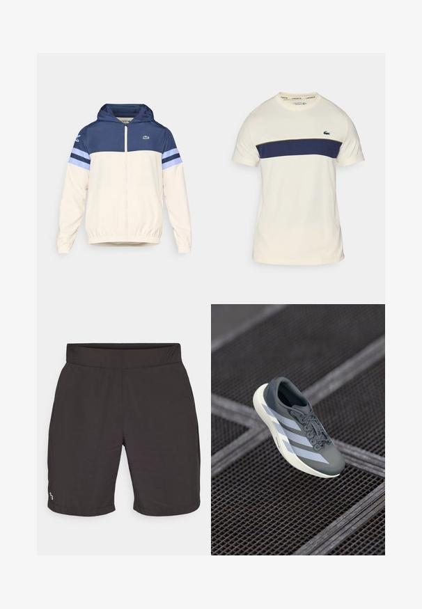 Kapišoninė striukė kremiškoje, tamsiai mėlynoje ir šviesiai mėlynoje spalvose su užtrauktuku, elastingomis rankovėmis ir Lacoste logotipu ant krūtinės. Ypatybė - spalvų blokų dizainas.; Kremo ir tamsiai mėlynas Lacoste marškinėliai su apvaliu iškirpimu, trumpomis rankovėmis ir horizontaliu spalvų blokavimu. Puošia žalias krokodilo logotipas.; Juodos šortai, pagaminti iš lengvos medžiagos, turintys lygų paviršių, su elastinga juosta ir maža spalvota logotipu apačioje kairėje.; Sportiniai batai pilkos ir baltos spalvos, pagaminti iš sintetinės medžiagos, su srauniu dizainu, tekstūruota danga ir ryškiu raištelių sistemu.