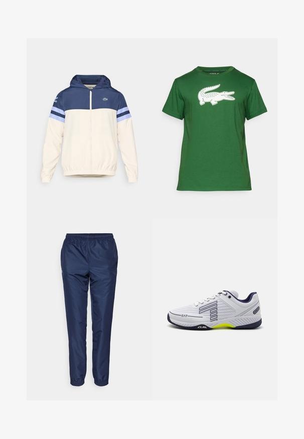 Hettejakke i krem, marineblå og lyseblå med glidelås, elastiske mansjetter og Lacoste-logo på brystet. Har fargeblokkeringsdesign.; Grønn bomull t-skjorte med et stort hvitt krokodillemotiv foran. Rund hals med korte ermer og en glatt tekstur.; Mørkeblå joggebukser laget av lett stoff, med elastisk midjebånd og smale ben med elastiske mansjetter ved anklene.; Hvit idrettssko med marineblå detaljer, teksturert mesh-overdel, perforerte detaljer, en tykk såle med gule og svarte seksjoner, og logo-branding.