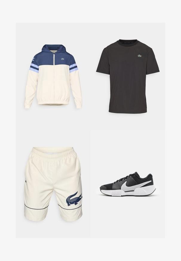 Kapuzensh Jacket in Creme, Marineblau und Hellblau mit Reißverschluss, elastischen Bündchen und Lacoste-Logo auf der Brust. Verfügt über ein Farbblockdesign.; Schwarzes T-Shirt mit kurzen Ärmeln aus weichem Stoff, mit rundem Halsausschnitt und kleinem grünen Krokodil-Logo auf der linken Brust.; Cremfarbene Shorts aus strukturiertem Material mit einem elastischen Bund. Verfügt über ein navyfarbenes Krokodillogo und eine blaue Linienverzierung am Saum.; Schwarze Sportschuhe mit einer strukturierten Oberseite, weißem Swoosh-Logo, gepolstertem Fersenbereich und einer kontrastierenden weißen Sohle mit einem Zickzackmuster.