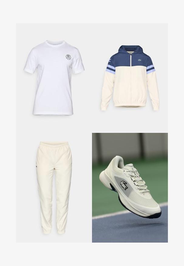 Kreemi, tumesinise ja helesinise kapuutsiga jakk, millel on tõmblukk, elastsed varrukad ja Lacoste logo rinnal. Omab värvi-blokeerimise disaini.; Valge puuvillane t-särk ümmarguse kaelusega ja lühikeste varrukatega, millel on vasakul rinnal must siidistatud tenniseklubi logo.; Kreemivärvilised treeningpüksid elastse vöökohtaga, kitsenevate säärtega ja väikese tumeroheline logo vasakul küljel. Sile ja kerge kangas.; Valge sportlik toss, millel onvõrgusüvene, mustad detailid, tekstureeritud sise-, ja silmapaistev logo küljel, esitatud mänguväljakute taustal.
