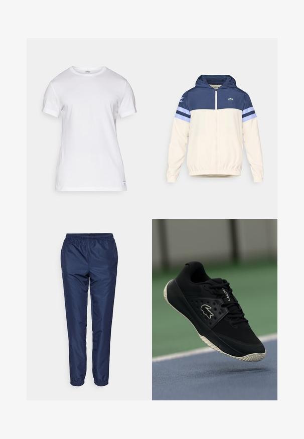 Hettejakke i krem, marineblå og lyseblå med glidelås, elastiske mansjetter og Lacoste-logo på brystet. Har fargeblokkeringsdesign.; Hvit bomull T-skjorte med korte ermer, rund hals og rett snitt. Har en liten merkelapp på venstre nederkant. Myk tekstur.; Mørkeblå joggebukser laget av lett stoff, med elastisk midjebånd og smale ben med elastiske mansjetter ved anklene.; Svart idrettssko med strukturert overdel og glatte detaljer, med en hvit logo, snøring, og fleksibel gummisåle.
