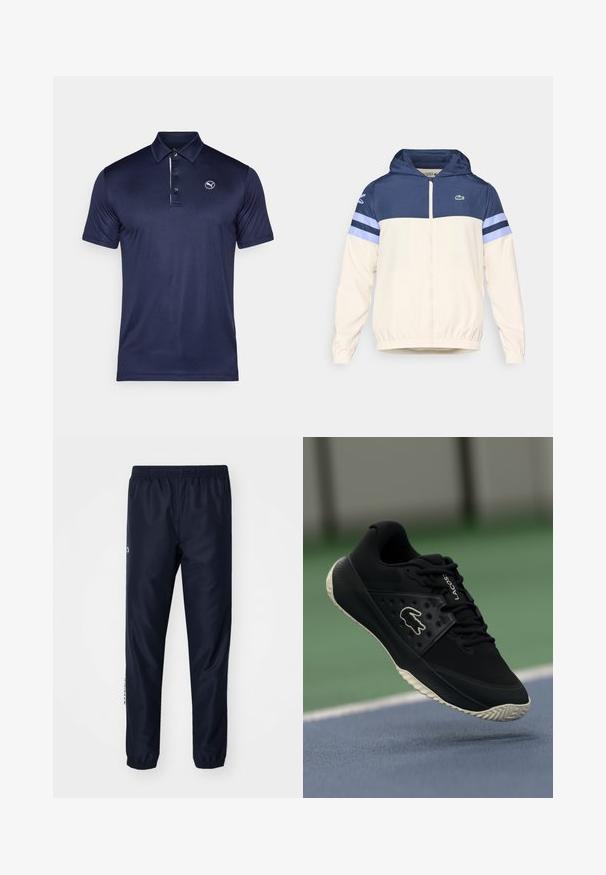 Hooded jaka krēmkrāsā, jūras zilā un gaiši zilo ar rāvējslēdzēju, elastīgām piedurknēm un Lacoste logotipu uz krūtīm. Iespējams krāsu bloku dizains.; Jūras zila polo krekls izgatavots no gludas, elpojošas auduma, ar trīs pogu atlokiem un logotipu kreisajā krūtī. Īsas piedurknes.; Jūras spēku sporta bikses, izgatavotas no vieglas auduma, kurām ir elastīgs josta un aproces, ar logo akcentu sānos, piešķirot sīkumu.; Melnas sporta kurpes ar teksturētu virspusi un gludām akcentiem, ar baltu logotipu, sasienamu dizainu un elastīgu gumijas zoli.
