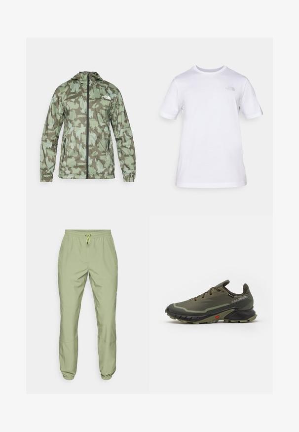 The North Face MOUNTAIN ATHLETICS - Cortaviento - new taupe/green; Camiseta de algodón blanca con mangas cortas y cuello redondo. Presenta un pequeño logotipo gris en el lado izquierdo del pecho. Textura suave, ajuste estándar.; Pantalones atléticos verde claro con cintura elástica, cierre con cordón y puños en los tobillos; presenta dos bolsillos laterales y una textura suave.; Zapatillas de running de color verde oliva con una parte superior de tejido texturizado, suela de goma negra, punta redondeada y diseño de cordones ajustables. Presenta un acento rojo.