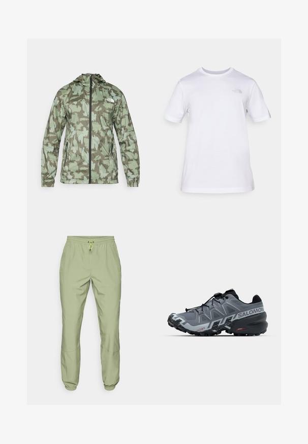 The North Face MOUNTAIN ATHLETICS - Windbreaker - new taupe/green; White cotton t-shirt with short sleeves and a crew neck. Features a small gray logo on the left chest. Smooth texture, standard fit.; Light green athletic pants with an elastic waistband, drawstring closure, and ankle cuffs; features two side pockets and a smooth texture.; Gray trail running shoe with a textured upper, black accents, a low silhouette, and multi-directional lugs on the outsole for traction.