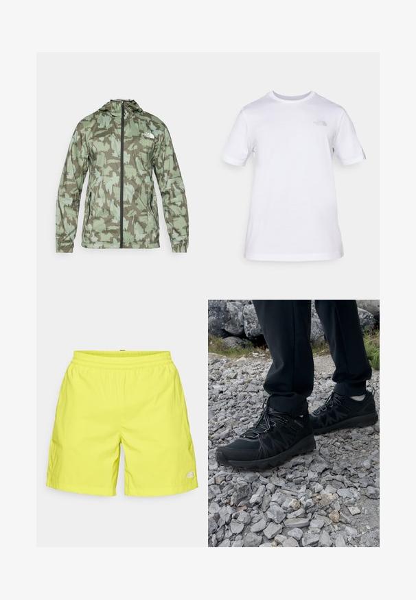 The North Face MOUNTAIN ATHLETICS - Cortaviento - new taupe/green; Camiseta de algodón blanca con mangas cortas y cuello redondo. Presenta un pequeño logotipo gris en el lado izquierdo del pecho. Textura suave, ajuste estándar.; Bañador amarillo brillante con una cinturilla elástica, corte recto y un pequeño logo en el dobladillo inferior derecho. Textura de tela suave.; Zapatos exteriores negros con malla y material sintético, que presentan un upper texturizado, un sistema de cordones seguro y una suela robusta, sobre terreno rocoso.