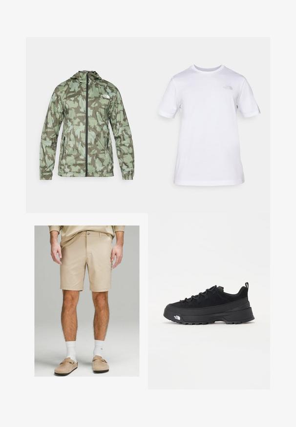 The North Face MOUNTAIN ATHLETICS - Vjetrovka - new taupe/green; Bijela pamučna majica kratkih rukava s okruglim izrezom. Ima mali sivi logo na lijevoj strani prsnog koša. Glatka tekstura, standardni kroj.; Beže šorts s izrađenim od lagane tkanine, ravnog prednjeg dijela, jednim dugmetom za zatvaranje i uskim krojem. Upareni s bijelim čarapama i svijetlosmeškim cipelama bez vezivanja.; Crne vanjske tenisice s gornjim dijelom od antilopa, teksturiranim gumenim potplatom i čvrstim sustavom vezanja. Imaju ojačan petni deo i logo brenda sa strane.