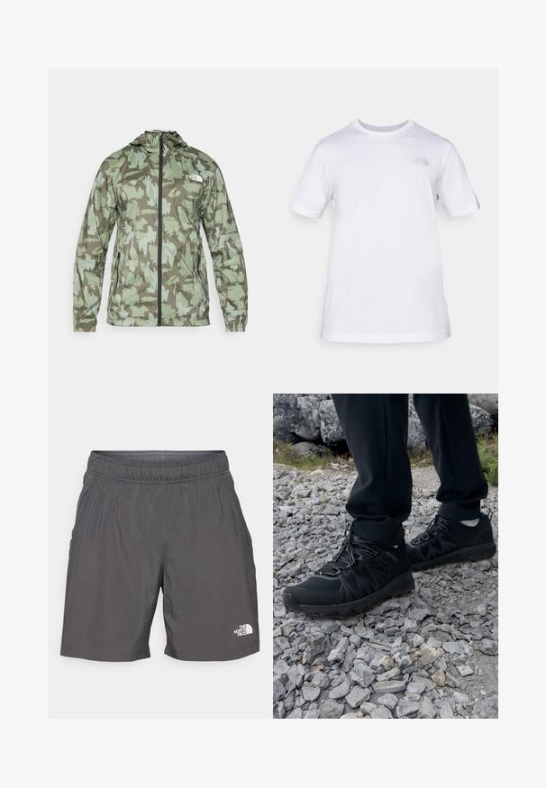 The North Face MOUNTAIN ATHLETICS - Vjetrovka - new taupe/green; Bijela pamučna majica kratkih rukava s okruglim izrezom. Ima mali sivi logo na lijevoj strani prsnog koša. Glatka tekstura, standardni kroj.; Sive, lagane kratke hlače s elastičnom gumom u struku, bočnim džepovima i malim bijelim logom na donjem lijevom dijelu noge. Glatka tekstura i ležeran dizajn.; Crne vanjske cipele s mrežastim i sintetičkim materijalom, s teksturiranim gornjim dijelom, osiguranim sustavom vezanja i čvrstim potplatom, na stjenovitom terenu.