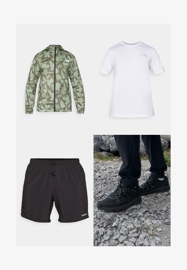 The North Face MOUNTAIN ATHLETICS - Vindjakke - new taupe/green; Hvit bomulls t-skjorte med korte ermer og rund hals. Har en liten grå logo på venstre bryst. Jevn tekstur, standard passform.; Sorte treningshorts med elastisk midjebånd og justerbar snor. Jevnt stoff med en subtil glans og sidelommer. Har logo.; Sorte utendørssko i svart med mesh og syntetisk materiale, med en teksturert overdel, sikret snøresystem og en robust såle, på steinete terreng.