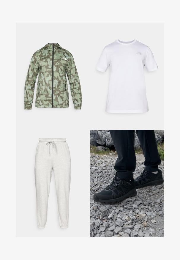 The North Face MOUNTAIN ATHLETICS - Windbreaker - new taupe/green; White cotton t-shirt with short sleeves and a crew neck. Features a small gray logo on the left chest. Smooth texture, standard fit.; Light gray sweatpants with an elastic waistband, drawstring, and tapered cuffs. Made of soft, textured fabric. No visible patterns.; Black outdoor shoes with mesh and synthetic material, featuring a textured upper, secured lacing system, and a rugged outsole, on rocky terrain.