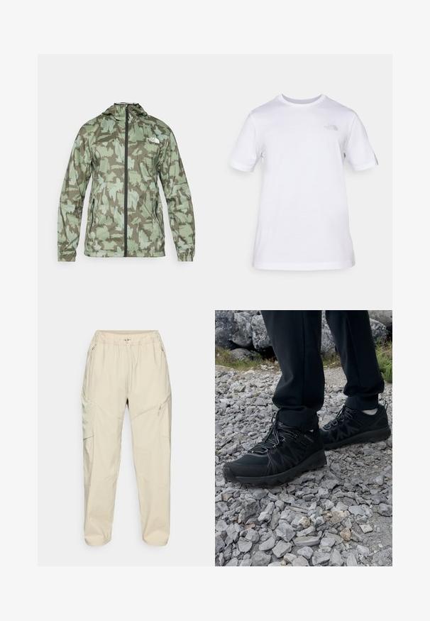 The North Face MOUNTAIN ATHLETICS - Cortaviento - new taupe/green; Camiseta de algodón blanca con mangas cortas y cuello redondo. Presenta un pequeño logotipo gris en el lado izquierdo del pecho. Textura suave, ajuste estándar.; Pantalones cargo ligeros en color beige con una cintura elástica, bolsillos laterales con cremallera y un diseño de pierna ajustada para un ajuste relajado.; Zapatos exteriores negros con malla y material sintético, que presentan un upper texturizado, un sistema de cordones seguro y una suela robusta, sobre terreno rocoso.
