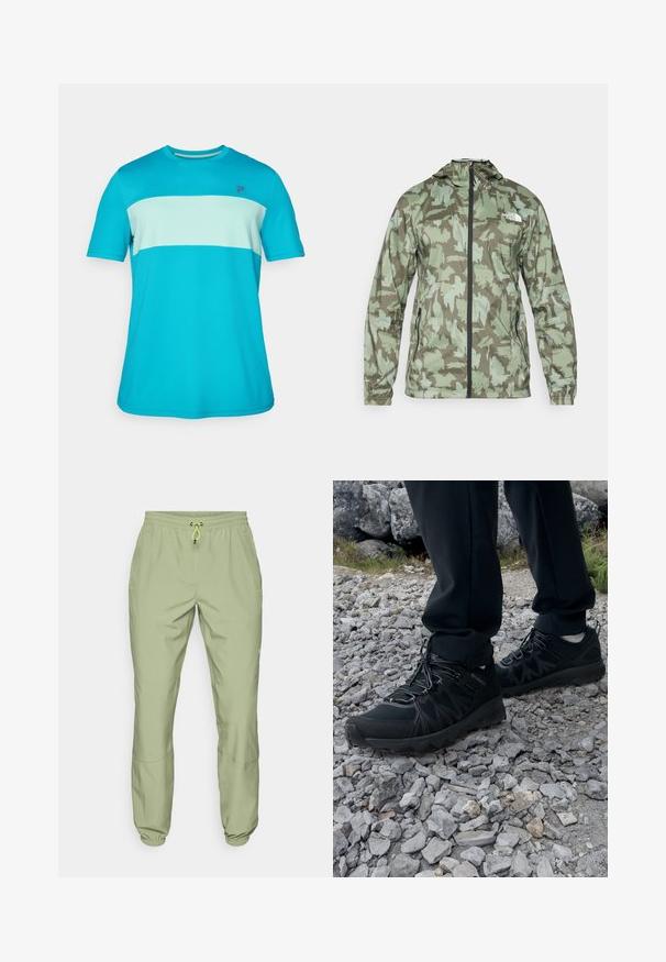 The North Face MOUNTAIN ATHLETICS - Vindjakke - new taupe/green; Kortermet treningstrøye i lys turkis og lys blå; lett og pustende stoff med horisontalt stripemønster og logo.; Lys grønne treningsbukser med elastisk midjebånd, snøring og anklestopper; har to sidelommer og en glatt tekstur.; Sorte utendørssko i svart med mesh og syntetisk materiale, med en teksturert overdel, sikret snøresystem og en robust såle, på steinete terreng.
