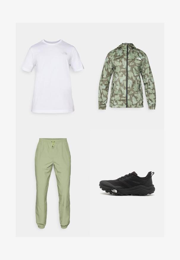 The North Face MOUNTAIN ATHLETICS - Vējjaka - new taupe/green; Balts kokvilnas T-krekls ar īsām piedurknēm un apaļu kakla izgriezumu. Ar mazu pelēku logotipu kreisajā krūtī. Gluda tekstūra, standarta piegriezums.; Gaiši zaļas sporta bikses ar elastīgu jostu, aukliņu aizdari un potīšu aproces; satur divas sānu kabatas un gludu tekstūru.; Melnas taku skriešanas kurpes ar teksturētu virsu, gumijas zoli un pastiprinātu pirkstu daļu. Aprīkotas ar mīkstu apkakli un vilkšanas cilpu, lai viegli uzvilktu.