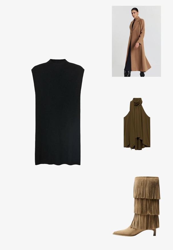 Langer Camelcoat aus einer glatten Wollmischung. Verfügt über einen Reverskragen, einen knöpfbaren Verschluss und zwei seitliche Taschen für Funktionalität.; Olivegrünes ärmelloses Top mit drapiertem Ausschnitt und Falten. Weicher Stoff, fließende Form, mit Knöpfen auf der Rückseite.; Schwarzes ärmelloses Tunika mit einem hohen Ausschnitt, weichem Stoff, lockerer Passform und gerader Silhouette. Der Saum ist am Boden leicht gewellt.; Fransen-Stiefelette aus taupefarbenem Wildleder mit drei Lagen Fransen. Spitz zulaufende Zehenpartie und ein niedriger Blockabsatz. Durchgehend glatte Oberfläche.; Schwarze Leder-Umhängetasche mit einer kantigen Form, gebogenen Griffen und sichtbaren Nähten an den Kanten und im Design.