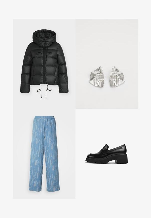 Svart boblejakke med hette, med glidelås foran, snøringer i kanten og quiltet design. Laget av shiny, glatt materiale.; Lyseblå, avkortet strikkegenser med flat krage og knappestolpe med fem knapper. Har lange ermer og ribbestrikket tekstur nederst.; Lys blå vid bukse laget av teksturert stoff med et subtilt abstrakt mønster. Har strikk i livet for komfort.; Svart lær loafer med tykke hæler og tykt såle med en stroppdetalj over toppen, vist fra siden på en hvit bakgrunn.; Sølvmetall øredobber med et bølgete, skulpturelt design, preget av en polert finish og uregelmessige former, som fremhever en moderne estetikk.