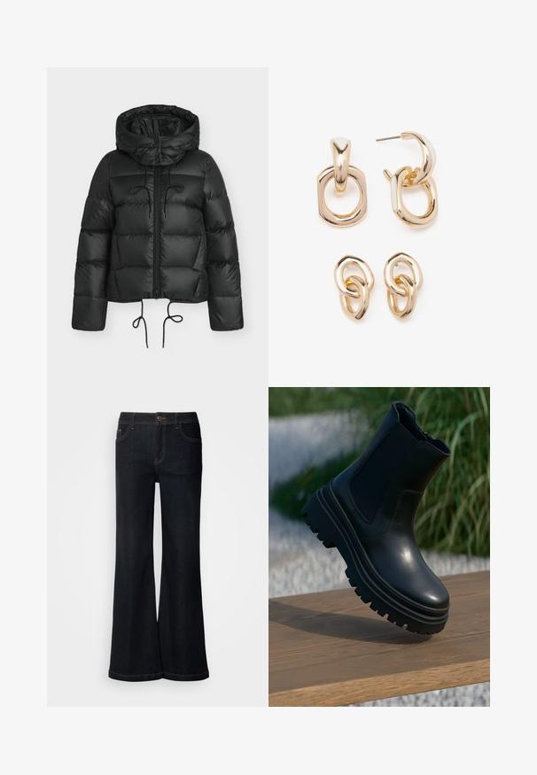 Svart vadderad jacka med huva, med dragkedja framtill, dragsko i fållen och quiltat mönster. Tillverkad av blankt, slätt material.; Ljusblå, kort tröja i stickat tyg med en flat krage och knäppning med fem knappar. Har långa ärmar och ribbad struktur vid fållen.; Mos Mosh DELUXE - Jeans relaxed fit - dark blue; Svart läderankelboots med en kraftig sula, elastiska sidopaneler och en slät yta. Högt designad med kontrasterande mönster på sulan.; Guldtonade örhängen med en blandning av geometriska former: en kvadrat, en cirkel och länkade ovala mönster med en polerad yta.