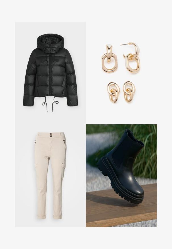 Zwarte pufferjas met een capuchon, voorzien van een ritssluiting aan de voorkant, trekkoorden bij de zoom en een doorgestikt ontwerp. Gemaakt van glanzend, glad materiaal.; Lichtblauw, kortgebreide trui met een platte kraag en een sluiting met vijf knopen. Heeft lange mouwen en een geribbelde textuur aan de zoom.; Beige cargo pants met een slim fit, met twee voorzakken met rits en zijcargo zakken. Het materiaal lijkt zacht met een lichte glans.; Zwarte leren enkelboot met een chunky zool, elastische zijkanten en een gladde afwerking. Verhoogd ontwerp met contrasterende profieldetails.; Goudkleurige oorbellen met een mix van geometrische vormen: een vierkant, cirkel en verbonden ovaal ontwerpen met een gepolijste afwerking.