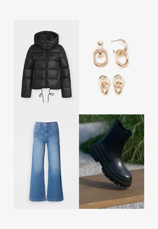 Juoda pūkinė striukė su gobtuvu, užsegama užtrauktuku priekyje, su raišteliais apačioje ir siuvinėta raštuotais lopais. Pagaminta iš blizgaus, lygaus audinio.; Šviesiai mėlynas trumpintas megztinis su plačiu apykakle ir penkių sagų užsegimu. Turi ilgomis rankovėmis ir rištu audiniu apačioje.; Plati blauji džinsai, pagaminti iš džinsinio audinio, su aukštu liemeniu, dekoratyviniu siuvinėjimu ant kišenių ir išblukusiu atspalviu.; Juodos odinės aulinės botai su masyviu padu, elastingomis šoninėmis detalėmis ir lygia apdaila. Iškeltas dizainas su kontrastu pateikta pado detale.; Auksu padengti auskarai, turintys įvairių geometrinių formų mišinį: kvadratą, ratą ir sujungtus ovalus su poliruotu paviršiumi.