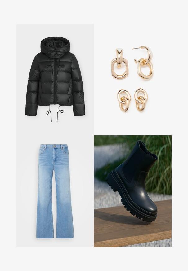 Svart boblejakke med hette, med glidelås foran, snøringer i kanten og quiltet design. Laget av shiny, glatt materiale.; Lyseblå, avkortet strikkegenser med flat krage og knappestolpe med fem knapper. Har lange ermer og ribbestrikket tekstur nederst.; Lyseblå vid jeans i denimstoff har en frontlukkning med knapp, fem-lommers design og subtil falming for ekstra tekstur.; Svart lær ankelstøvel med tykk såle, elastiske sidepaneler og en glatt overflate. Hevet design med kontrasterende såledetaljer.; Gullfargede øreringer med en blanding av geometriske former: en firkant, sirkel og sammenkoblede ovale design med en polert finish.