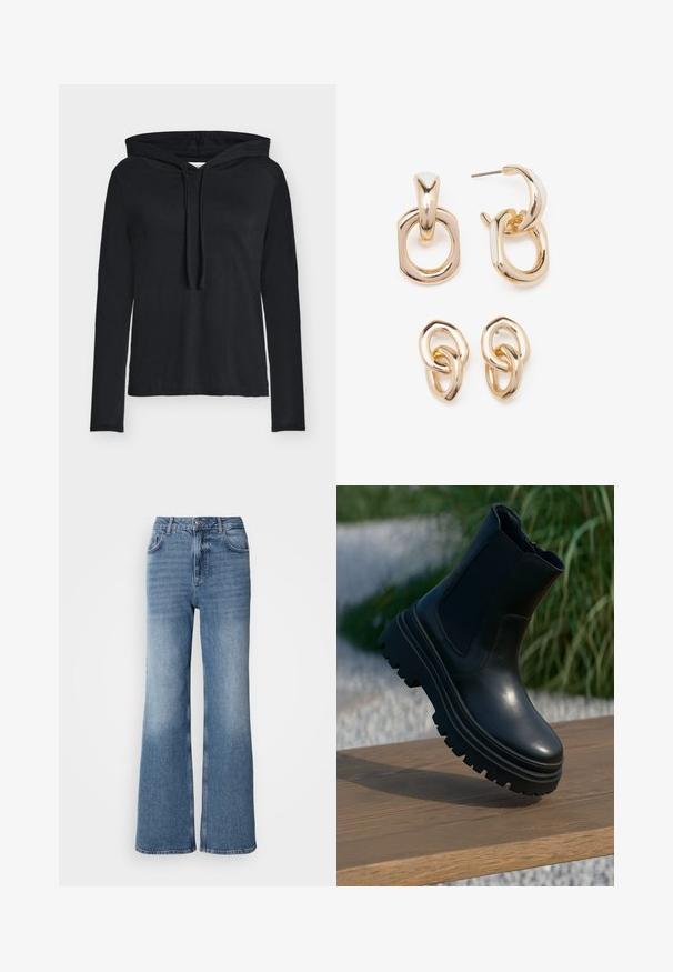 Musta toppatakki hupulla, jossa vetoketjullinen etuosa, kiristysnauhat helmassa ja tikattu viimeistely. Valmistettu kiiltävästä, sileästä materiaalista.; Musta pitkähihainen huppari, valmistettu pehmeästä kankaasta, jossa on nyöri kauluksessa ja rento istuvuus. Yksinkertainen, minimalistinen muotoilu.; Mos Mosh MAI - Straight leg -farkut - blue wash; Mustaa nahkaa oleva nilkkabotti, jossa on paksu pohja, venytyskaarit ja sileä pinta. Kohotettu muotoilu, jossa on kontrastivärit pohjan yksityiskohdissa.; Korukkeet kultasävyisiä, joissa on sekoitus geometrisia muotoja: neliö, ympyrä ja linkitetyt soikio-designit kiiltävällä pinnalla.