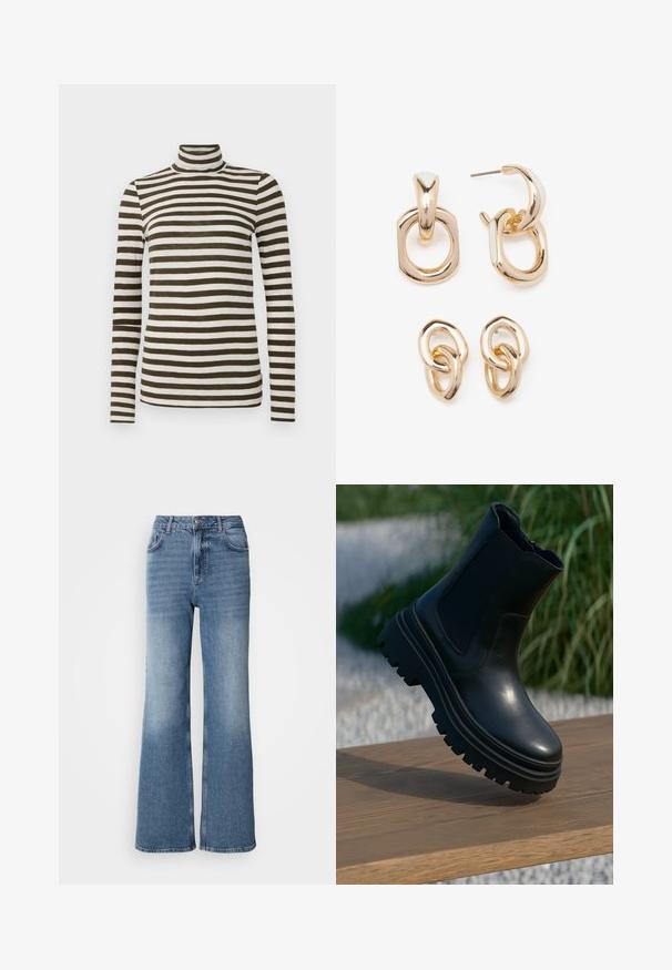 Giacca imbottita nera con cappuccio, caratterizzata da una zip frontale, orli con coulisse e un design trapuntato. Realizzata in materiale lucido e liscio.; Maglione a maniche lunghe con collo alto in verde oliva scuro e righe orizzontali bianche, realizzato in un tessuto morbido e leggero. Presenta un design aderente.; Mos Mosh MAI - Jeans a sigaretta - blue wash; Stivaletto in pelle nera con suola spessa, pannelli laterali elastici e una finitura liscia. Design elevato con dettagli del battistrada a contrasto.; Orecchini in tono oro caratterizzati da un mix di forme geometriche: un quadrato, un cerchio e design ovali intrecciati con una finitura lucida.