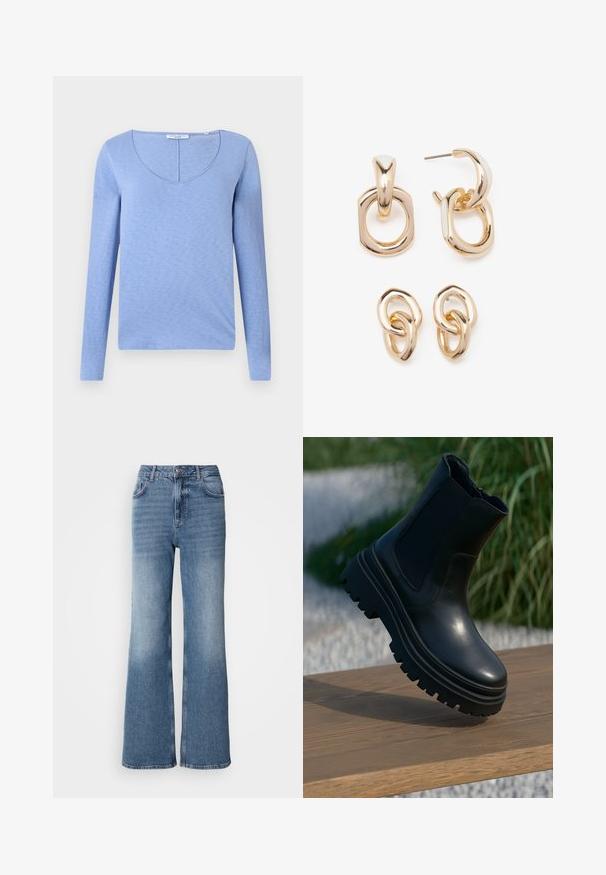 Zwarte pufferjas met een capuchon, voorzien van een ritssluiting aan de voorkant, trekkoorden bij de zoom en een doorgestikt ontwerp. Gemaakt van glanzend, glad materiaal.; Lichtblauw langwerpig shirt met een V-halslijn, gemaakt van zachte, gestructureerde stof, met een naad langs de halslijn en een rechte onderzoom.; Mos Mosh MAI - Straight leg jeans - blue wash; Zwarte leren enkelboot met een chunky zool, elastische zijkanten en een gladde afwerking. Verhoogd ontwerp met contrasterende profieldetails.; Goudkleurige oorbellen met een mix van geometrische vormen: een vierkant, cirkel en verbonden ovaal ontwerpen met een gepolijste afwerking.