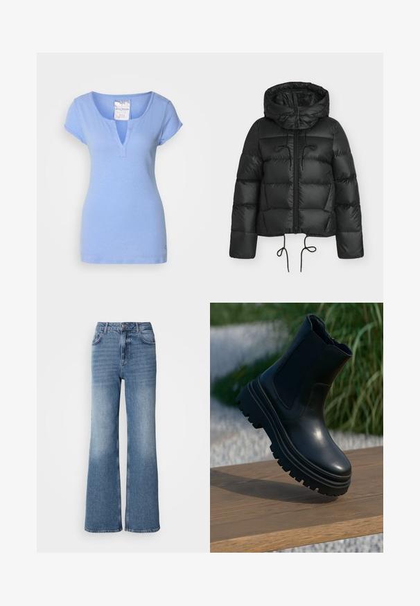 Black puffer jacket with a hood, featuring a zip front, drawstring hems, and a quilted design. Made of shiny, smooth material.; Light blue cotton T-shirt with a V-neck, short cap sleeves, and subtle stitching detail. Features a small logo near the hem.; Mos Mosh MAI - Straight leg jeans - blue wash; Black leather ankle boot with a chunky sole, elasticated side panels, and a smooth finish. Elevated design with contrasting tread detail.