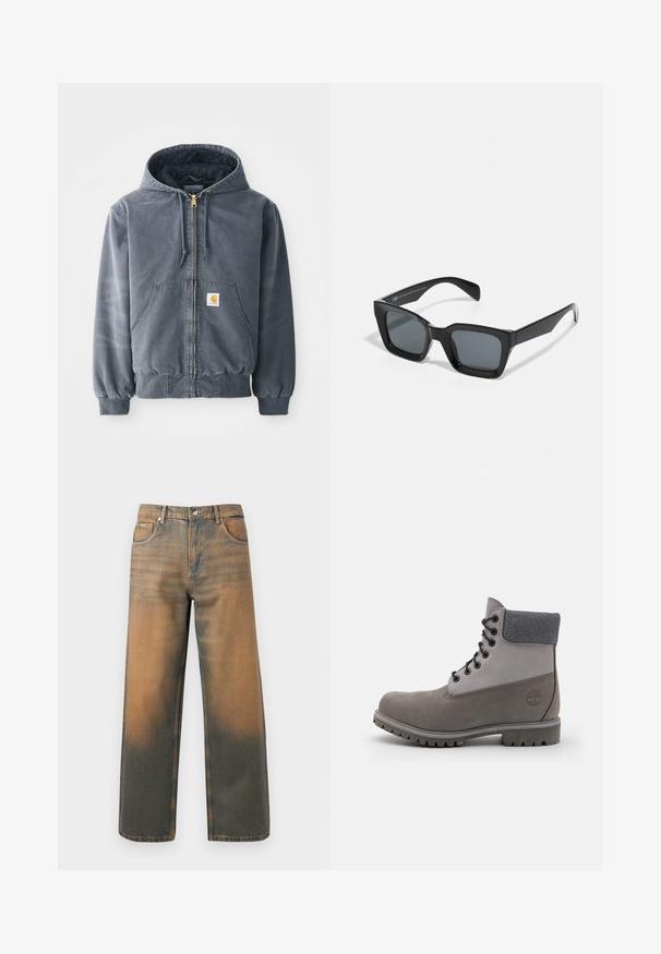 Grå hættetrøje med frontlynlås, to store lommer, ribbede ærmer og et logo-patch på venstre lomme. Lavet af slidstærkt stof.; Hvid hættetrøje med et stort trykt identifikationskortdesign i blå, gul og sort, med en frontlomme og snoretræk i hætten.; Videbenede jeans i slidte blå og brune denim. Har høj talje, forlommer og en klassisk knaplukning med metaldetaljer.; Grå vandrestøvle med struktureret læder, en forstærket tå, en polstret grå krave, sorte snørebånd og en robust sål med dybe dækmønstre.; Sorte rektangulære solbriller med mørke linser. Plastisk stel med højglans finish, der har en bred næsebro og let tilspidsede arme.