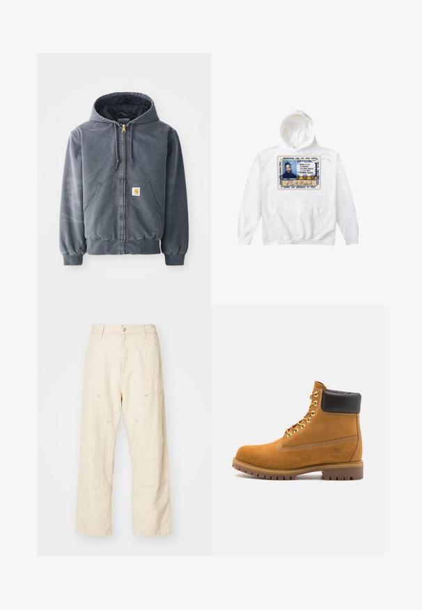 Felpa grigia con cappuccio e zip frontale, due grandi tasche, polsini a coste e un patch con logo sulla tasca sinistra. Realizzata in tessuto resistente.; Felpa bianca con cappuccio, caratterizzata da un grande design stampato di un tesserino d'identità nei colori blu, giallo e nero, con tasca frontale e cappuccio regolabile con lacci.; Pantaloni larghi in lino color beige chiaro, con tasche frontali, chiusura a bottone e dettagli di cucitura a vista per un tocco di texture.; Stivale alla caviglia in suede tan con collare imbottito nero, occhielli in metallo dorato, dettagli in cucitura bianca e suola in gomma robusta con battistrada pronunciato.