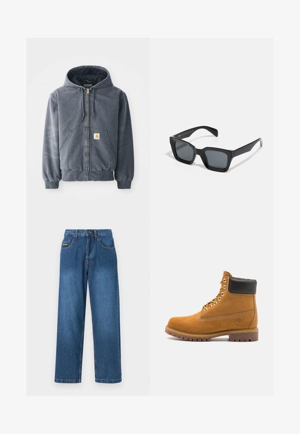 Šedá mikina s kapucí a předním zipem, se dvěma velkými kapsami, žebrovanými manžetami a logem na levé kapse. Vyrobena z odolné látky.; Bílá mikina s kapucí s velkým potiskem identifikační karty v modré, žluté a černé barvě, s přední kapsou a stahovací šňůrkou.; Džíny z denimu ve středně modrém odstínu, s rovnými nohavicemi, pěti kapsami a žlutými stehy.; Hnědé semišové kotníkové boty s černým polstrovaným límcem, zlatými kovovými očky, bílým prošíváním a odolnou gumovou podrážkou s výraznými drážkami.; Černé obdélníkové sluneční brýle s tmavými skly. Plastový rám s lesklým povrchem, široký most a mírně zúžené stranice.